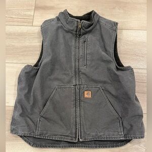 Vintage CARHARTT Grey Sherpa Lined Full Zip Denim Vest 90s 2000s Gray Sz XL